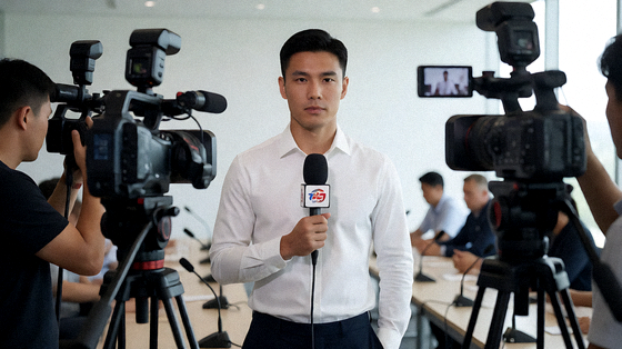 体育新闻发布现场记者与摄像设备的工作画面，转会资讯配图